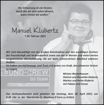 Traueranzeige von Manuel Klubertz von Zeitung am Sonntag