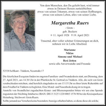 Traueranzeige von Margaretha Ruers von Zeitung am Sonntag