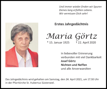 Traueranzeige von Maria Görtz von Zeitung am Sonntag