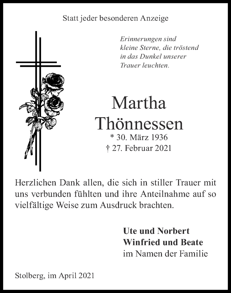 Traueranzeige für Martha jedeThönnessen vom 18.04.2021 aus Zeitung am Sonntag