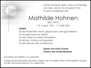 Traueranzeige von Mathilde Hohnen von Zeitung am Sonntag