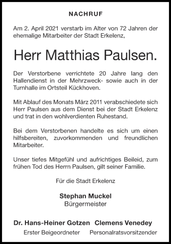 Traueranzeige von Matthias Paulsen von Aachener Zeitung / Aachener Nachrichten