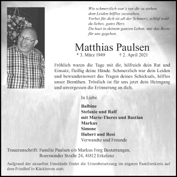 Traueranzeige von Matthias Paulsen von Zeitung am Sonntag