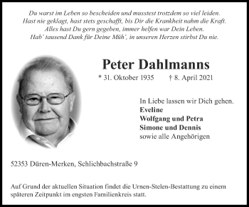 Traueranzeige von Peter Dahlmanns von Zeitung am Sonntag