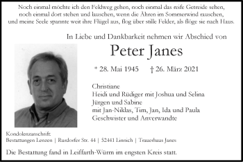 Traueranzeige von Peter Janes von Zeitung am Sonntag