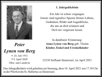 Traueranzeige von Peter Lynen von Berg von Zeitung am Sonntag
