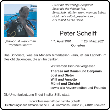 Traueranzeige von Peter Scheiff von Zeitung am Sonntag