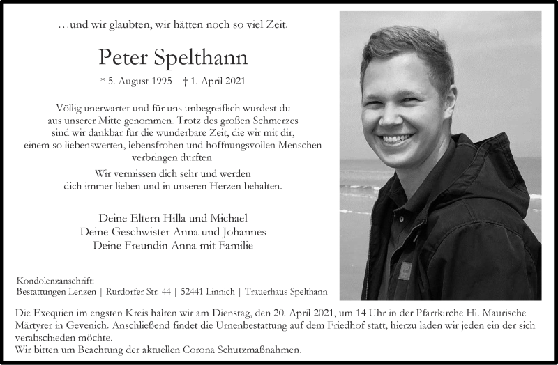  Traueranzeige für Peter Spelthann vom 18.04.2021 aus Zeitung am Sonntag