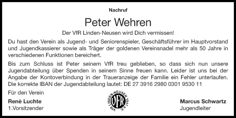  Traueranzeige für Peter Wehren vom 18.04.2021 aus Zeitung am Sonntag
