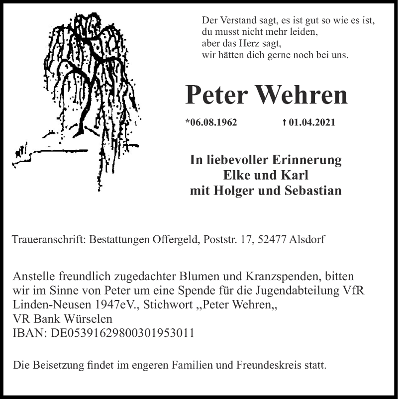  Traueranzeige für Peter Wehren vom 11.04.2021 aus Zeitung am Sonntag