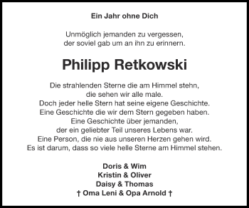 Traueranzeige von Philipp Retkowski von Zeitung am Sonntag