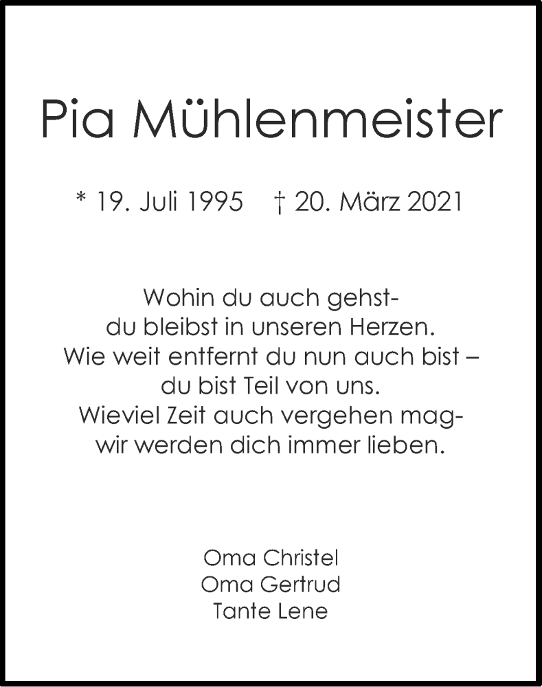  Traueranzeige für Pia Mühlenmeister vom 04.04.2021 aus Zeitung am Sonntag
