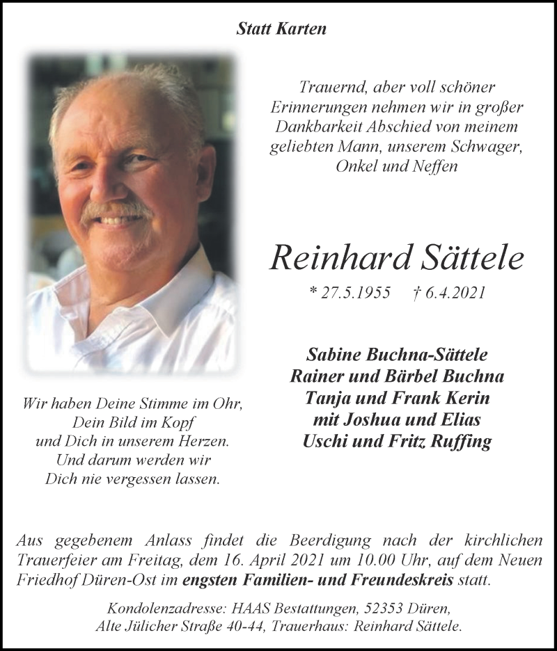  Traueranzeige für Reinhard Sättele vom 11.04.2021 aus Zeitung am Sonntag