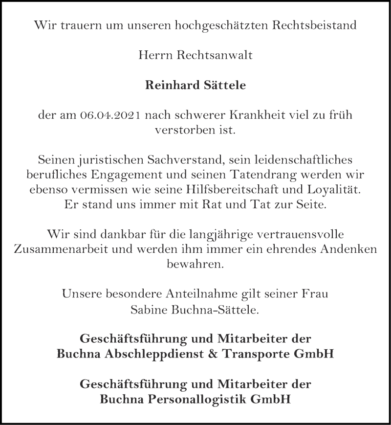  Traueranzeige für Reinhard Sättele vom 11.04.2021 aus Zeitung am Sonntag