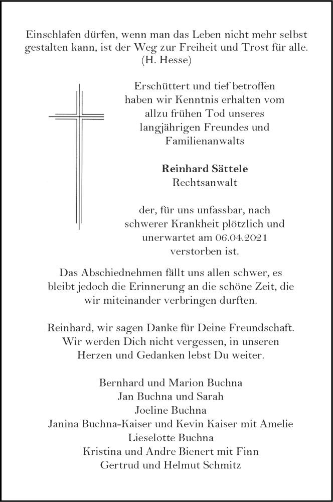  Traueranzeige für Reinhard Sättele vom 11.04.2021 aus Zeitung am Sonntag