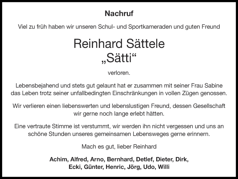 Traueranzeige für Reinhard Sättele vom 18.04.2021 aus Zeitung am Sonntag