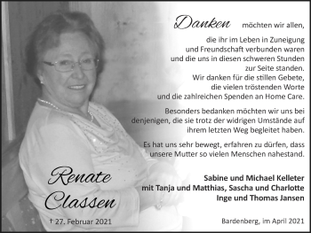Traueranzeige von Renate Classen von Zeitung am Sonntag
