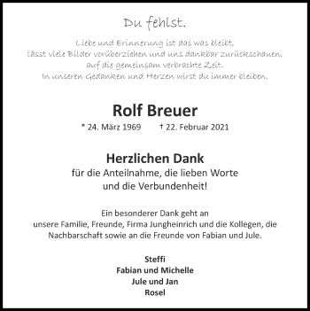 Traueranzeige von Rolf Breuer von Zeitung am Sonntag