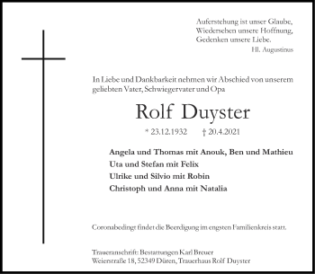 Traueranzeige von Rolf Duyster von Aachener Zeitung / Aachener Nachrichten