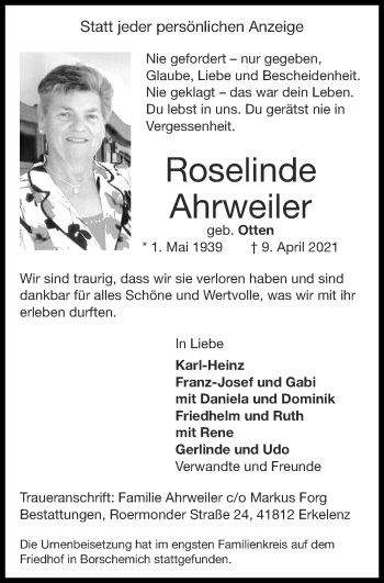 Traueranzeige von Roselinde Ahrweiler von Zeitung am Sonntag
