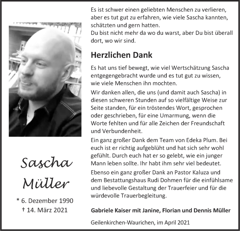  Traueranzeige für Sascha Müller vom 18.04.2021 aus Zeitung am Sonntag