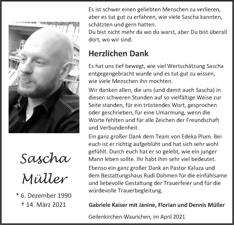  Traueranzeige für Sascha Müller  vom 18.04.2021 aus Zeitung am Sonntag