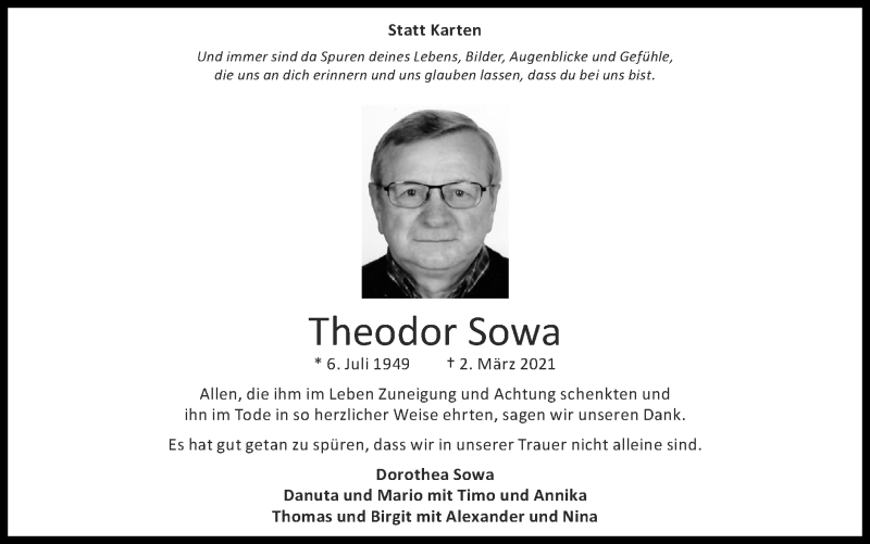  Traueranzeige für Theodor Sowa vom 04.04.2021 aus Zeitung am Sonntag