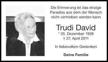 Traueranzeige von Trudi David von Aachener Zeitung / Aachener Nachrichten