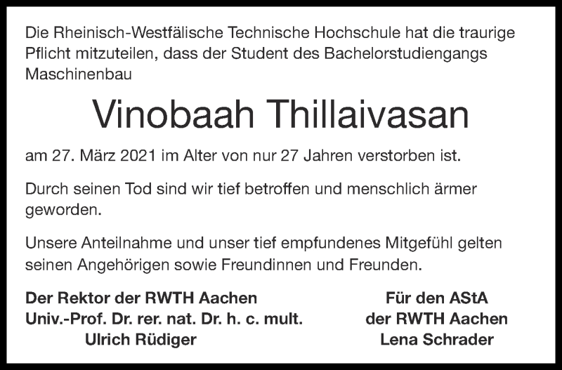  Traueranzeige für Vinobaah Thillaivasan vom 10.04.2021 aus Aachener Zeitung / Aachener Nachrichten