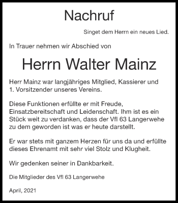 Traueranzeige von Walter Mainz von Zeitung am Sonntag