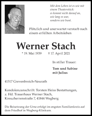 Traueranzeige von Werner Stach von Zeitung am Sonntag
