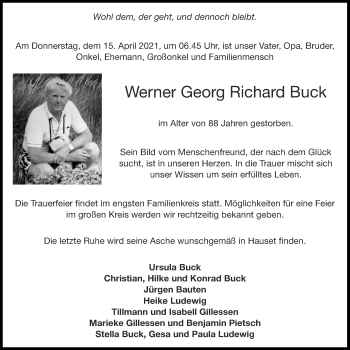 Traueranzeige von Werner Georg Richard Buck von Aachener Zeitung / Aachener Nachrichten