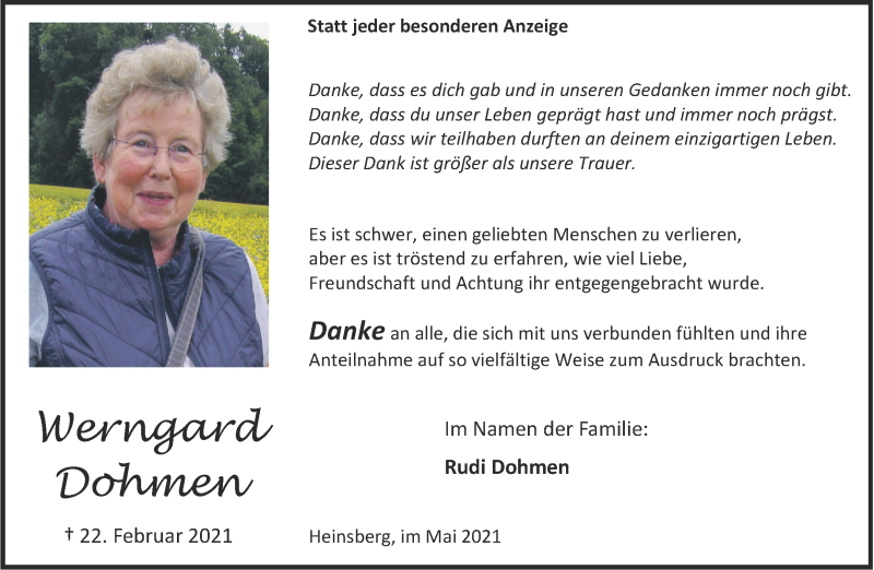  Traueranzeige für Werngard Dohmen vom 01.05.2021 aus Aachener Zeitung / Aachener Nachrichten
