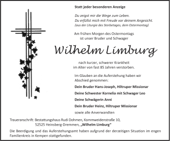 Traueranzeige von Wilhelm Limburg von Aachener Zeitung / Aachener Nachrichten
