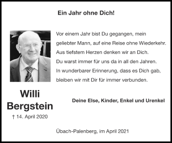 Traueranzeige von Willi Bergstein von Zeitung am Sonntag