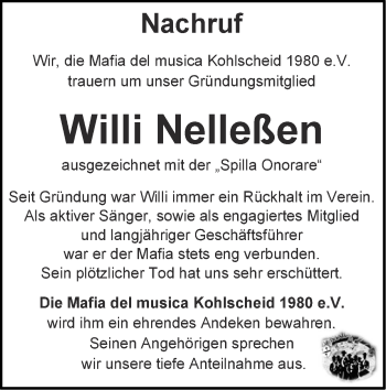 Traueranzeige von Willi Nelleßen von Zeitung am Sonntag