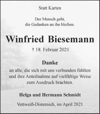 Traueranzeige von Winfried Biesemann von Zeitung am Sonntag