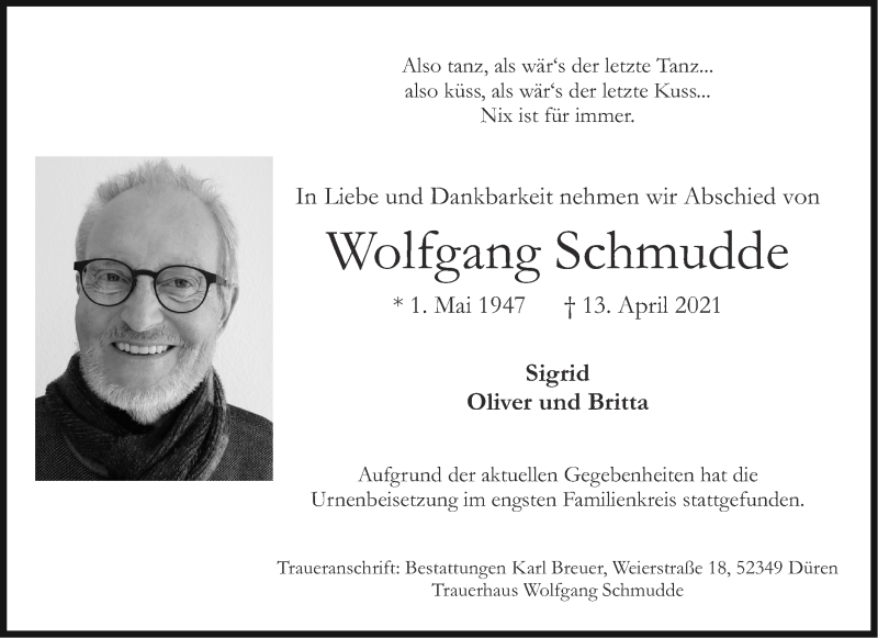  Traueranzeige für Wolfgang Schmudde vom 01.05.2021 aus Aachener Zeitung / Aachener Nachrichten