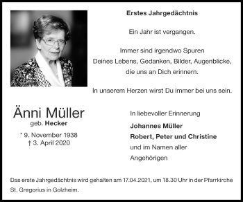 Traueranzeige von Änni Müller von Zeitung am Sonntag