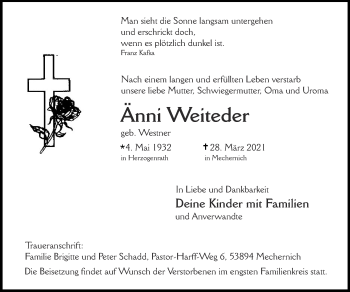Traueranzeige von Änni Weiteder von Zeitung am Sonntag