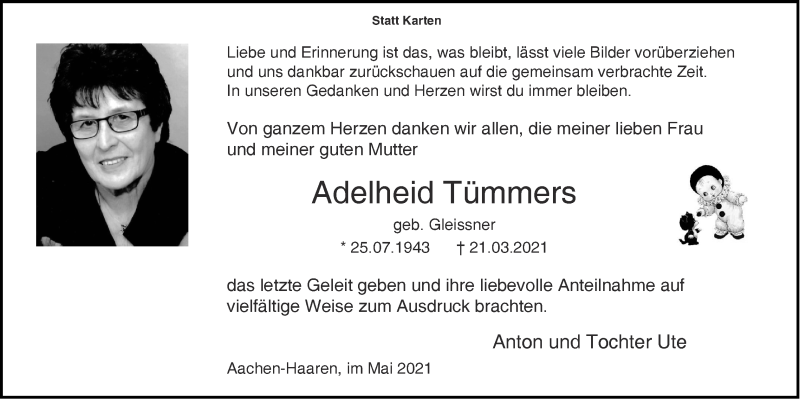  Traueranzeige für Adelheid Tümmers vom 02.05.2021 aus Zeitung am Sonntag
