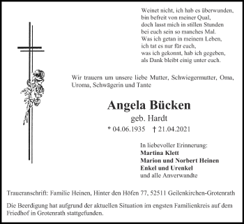 Traueranzeige von Angela Bücken von Zeitung am Sonntag