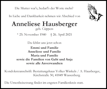 Traueranzeige von Anneliese Hausberger von Zeitung am Sonntag
