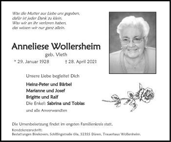 Traueranzeige von Anneliese Wollersheim von Zeitung am Sonntag