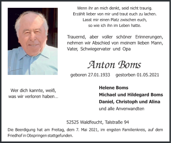 Traueranzeige von Anton Boms von Zeitung am Sonntag