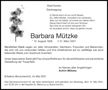 Traueranzeige von Barbara Mützke von Zeitung am Sonntag