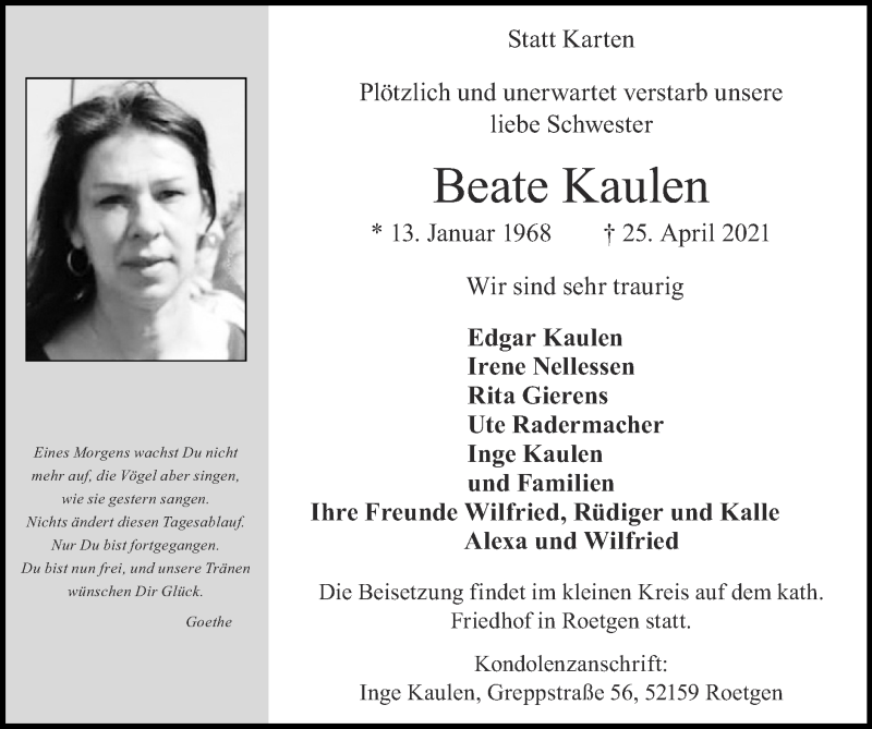  Traueranzeige für Beate Kaulen vom 02.05.2021 aus Zeitung am Sonntag