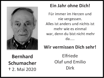 Traueranzeige von Bernhard Schumacher von Zeitung am Sonntag