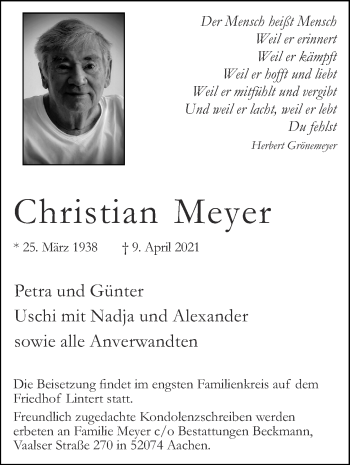 Traueranzeige von Christian Meyer von Zeitung am Sonntag