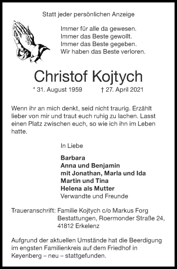 Traueranzeige von Christof Kojtych von Zeitung am Sonntag